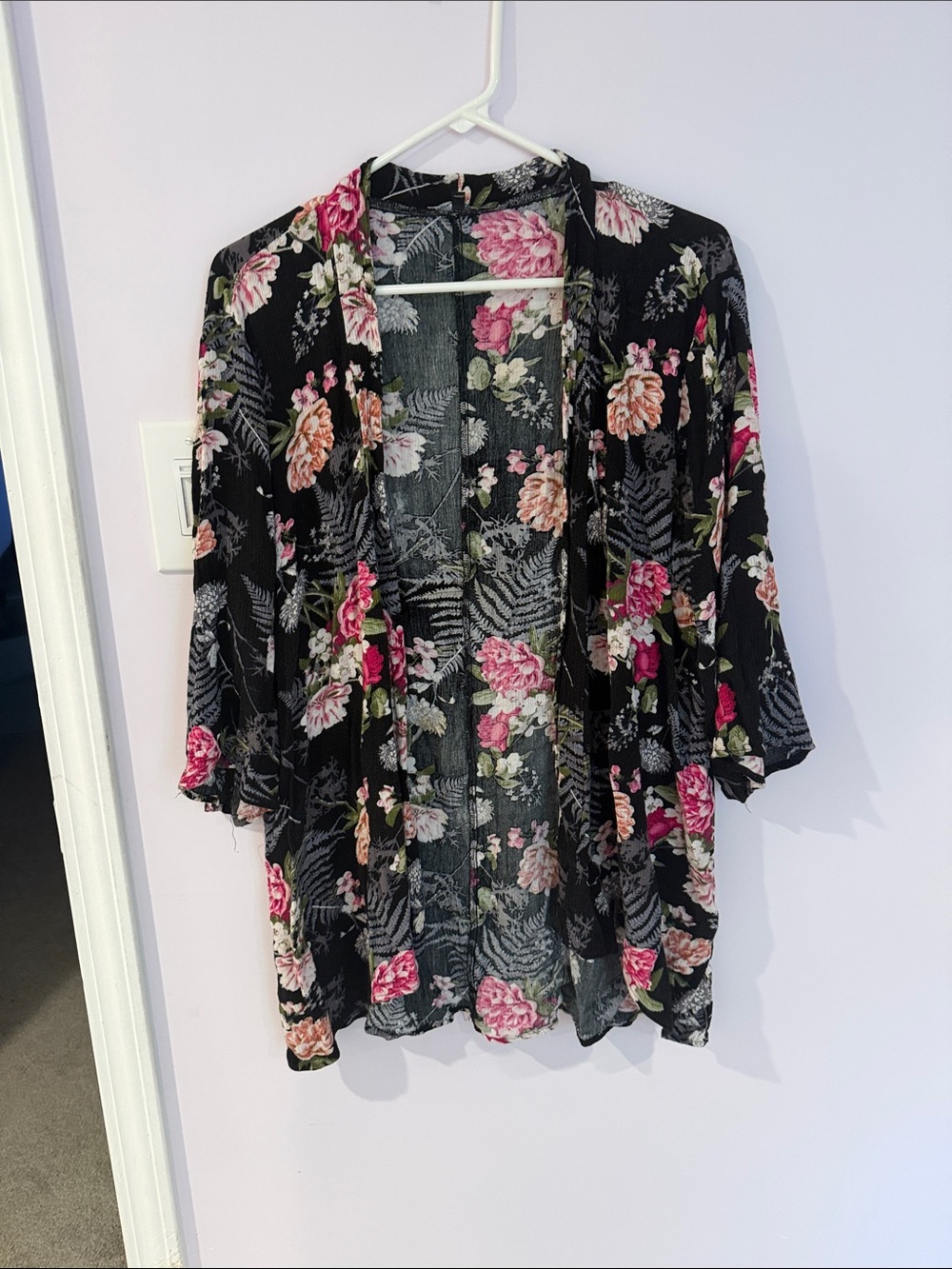 Pink Clover Black Floral Open-Front Kimono Tunic
